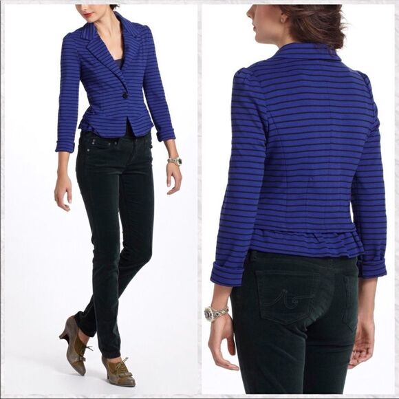 Anthropologie Cartionnier Striped Blazer Blue Black - Picture 1 of 11